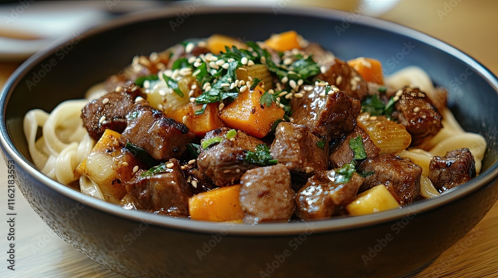 Braised meat and tender vegetables served over wide noodles for a comforting and hearty meal. -