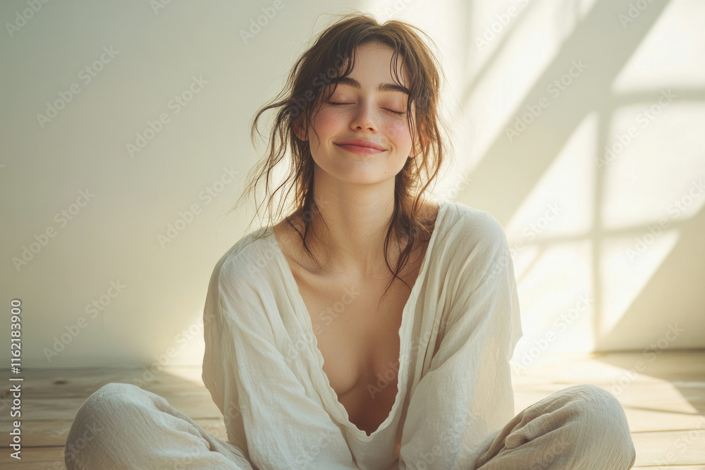 Serene woman with closed eyes, smiling gently, sitting in sunlight, peaceful and content. Serene woman with closed eyes, smiling gently, sitting in sunlight, peaceful and content.