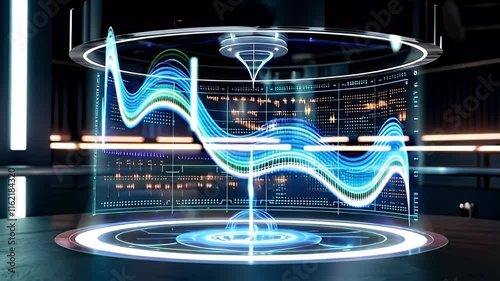 Visualization of Predictive Analytics Glowing Lines and Curves on Holographic Chart Showcasing Data Trends and Insights