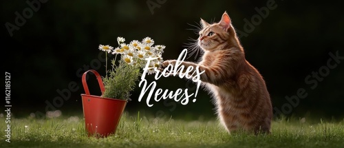 Frohes Neues Jahr: Niedliche Katze mit Gänseblümchen im Garten photo