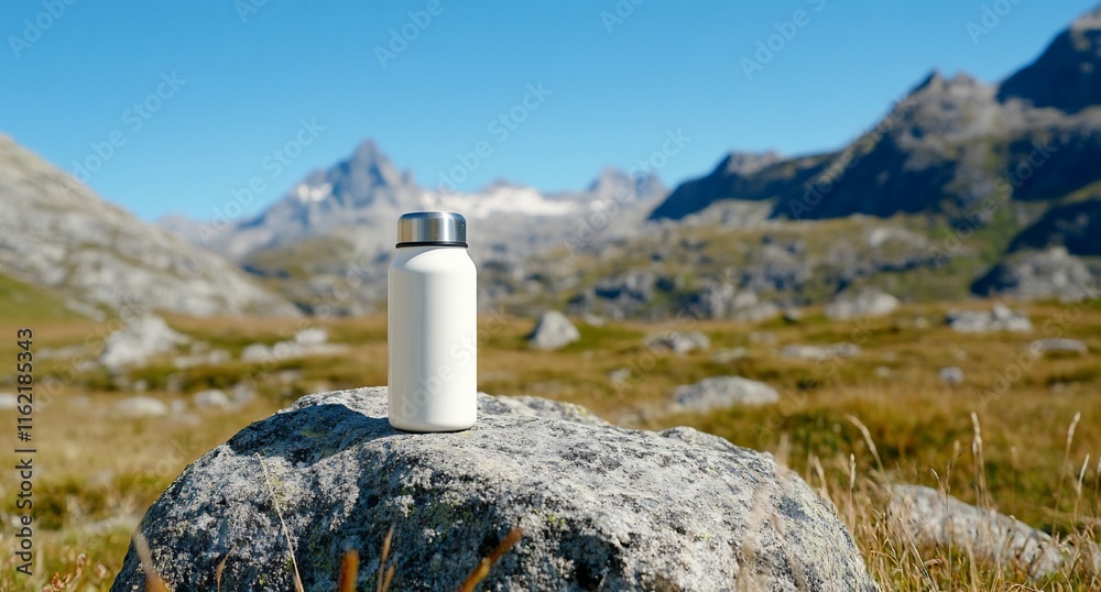 A white water bottle on a rock in a mountainous landscape. A white water bottle on a rock in a mountainous landscape.