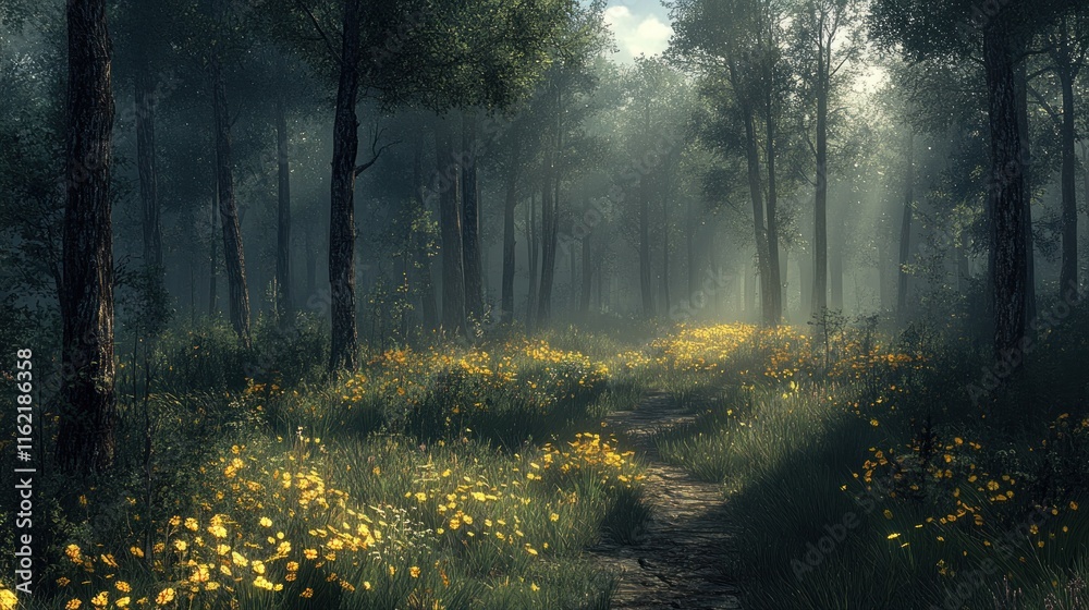 A serene forest path illuminated by soft sunlight, surrounded by blooming wildflowers. A serene forest path illuminated by soft sunlight, surrounded by blooming wildflowers.