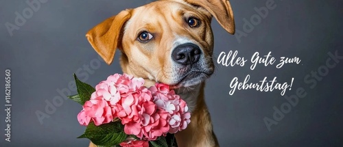 Glücklicher Hund mit Blumenstrauß zum Geburtstag gratuliert photo