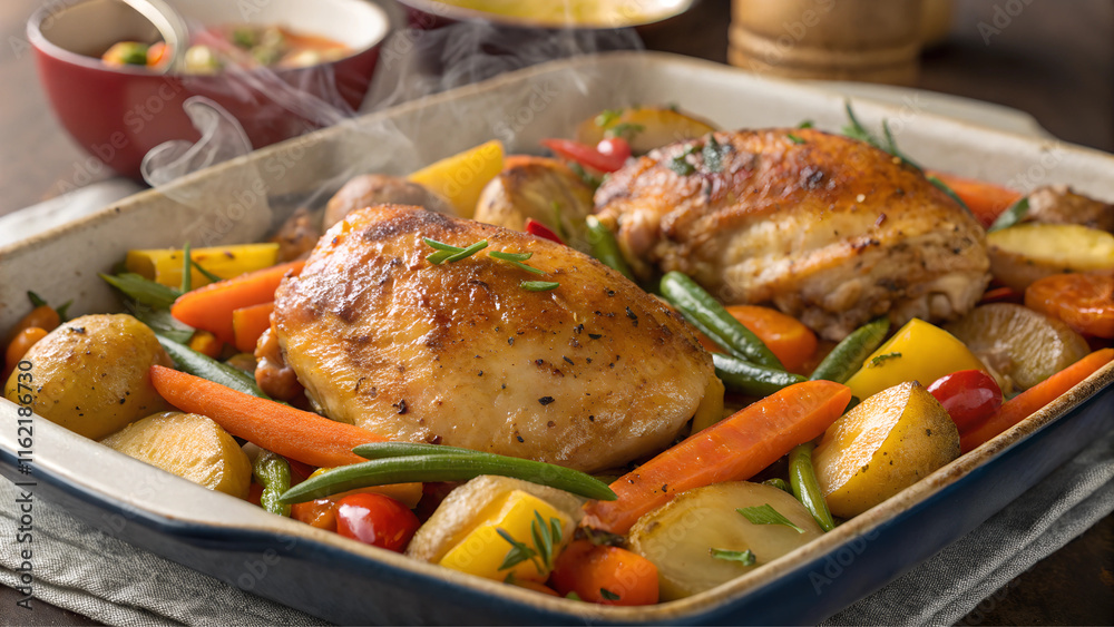 Fototapeta premium Baked chicken thighs with roasted vegetables