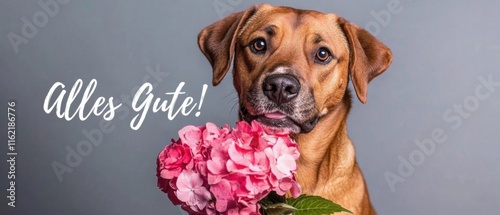 Brauner Hund mit Blumenstrauß  Alles Gute Glückwünsche, Geburtstag, Valentinstag photo