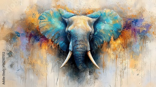   A painting of an elephant with tusks on its head and tusks on its back is a work of art that showcases the majestic creature in all its glory The artist photo