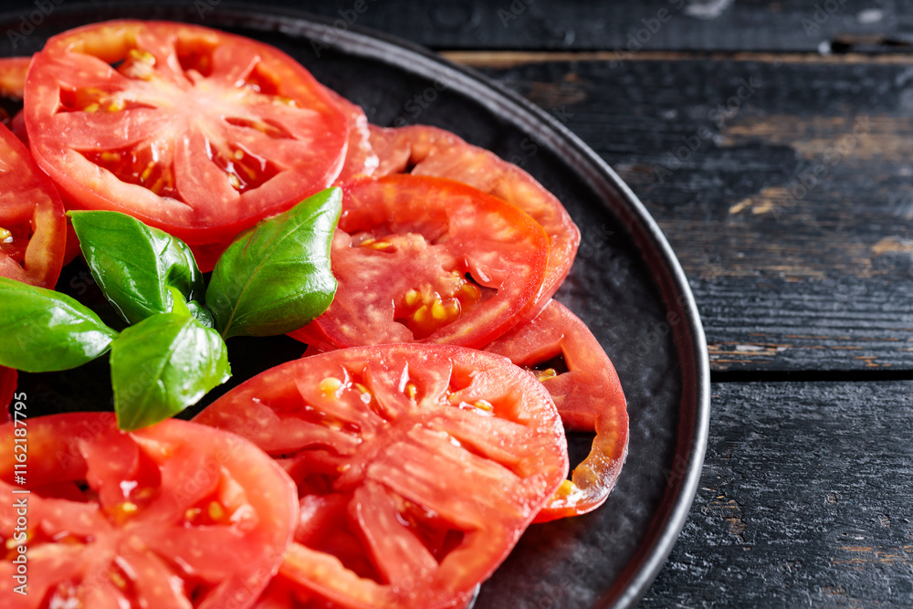 Organic Tomato Slices and Basil Leaves on Black Plate, Italian and Mediterranean Cuisine, Close-Up Organic Tomato Slices and Basil Leaves on Black Plate, Italian and Mediterranean Cuisine, Close-Up