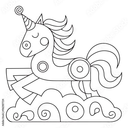 Cute cartoon pegasus. Pony princess. Unicorn. Black and white vector illustration for coloring book