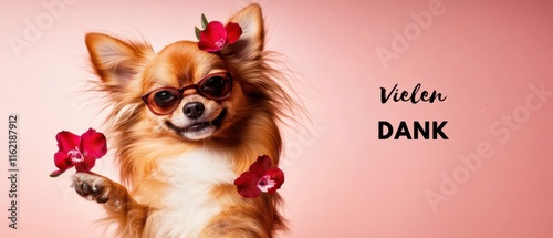 Dankbarer Chihuahua mit Blumen und Sonnenbrille  Niedliches Haustierfoto photo