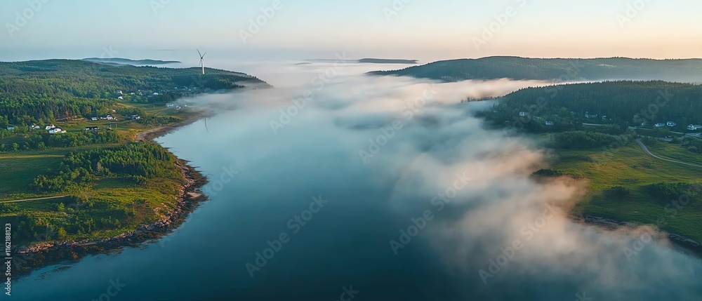 Drone image of a wind turbine in the early morning mist, close to the shore with soft fog rolling over the water, representing the beauty of renewable energy