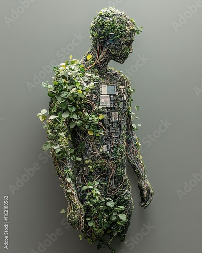 Human figure with plants growing out of the body, intertwined with technological cables, representing the harmony between nature and biotechnology advancement photo