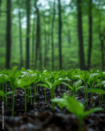 New life and spring conceptual background with young seedlings sprouting in the foreground of a lush green forest, symbolizing growth and renewal photo