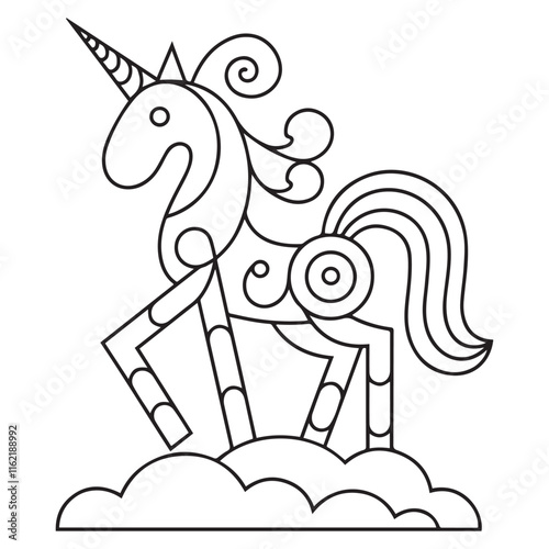 Cute cartoon pegasus. Pony princess. Unicorn. Black and white vector illustration for coloring book