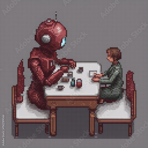 Pixel art chess duo: A man and woman engage in a strategic game at a table.