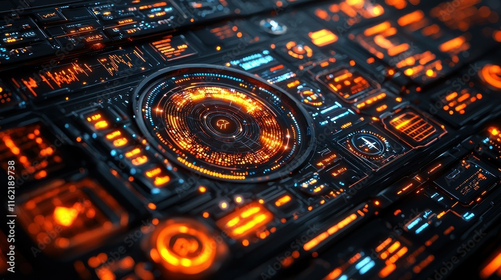 Obraz premium Futuristic control panel with glowing interfaces.