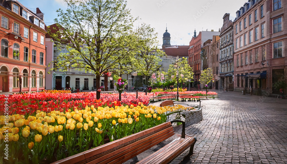Obraz premium A lively city square adorned with vibrant red and yellow tulips, inviting benches, and blossoming trees under a bright spring sun create a cheerful atmosphere ideal for relaxation