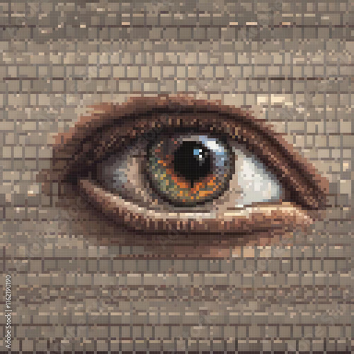 Pixel art eye on brick wall - Vintage style eye design