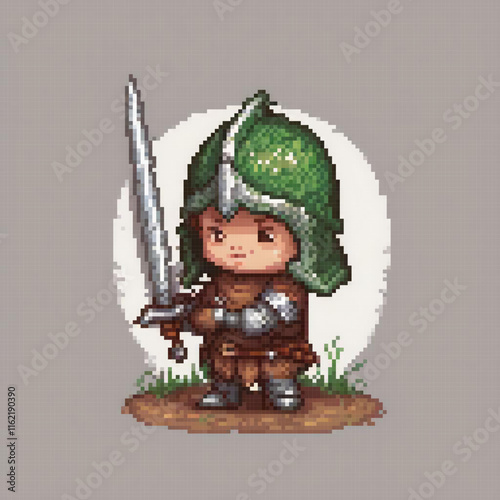 Medieval knight in pixel art, wielding a sword.