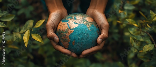 Hands holding a globe amidst a vibrant green forest, representing the need for global environmental protection and ecoconscious living