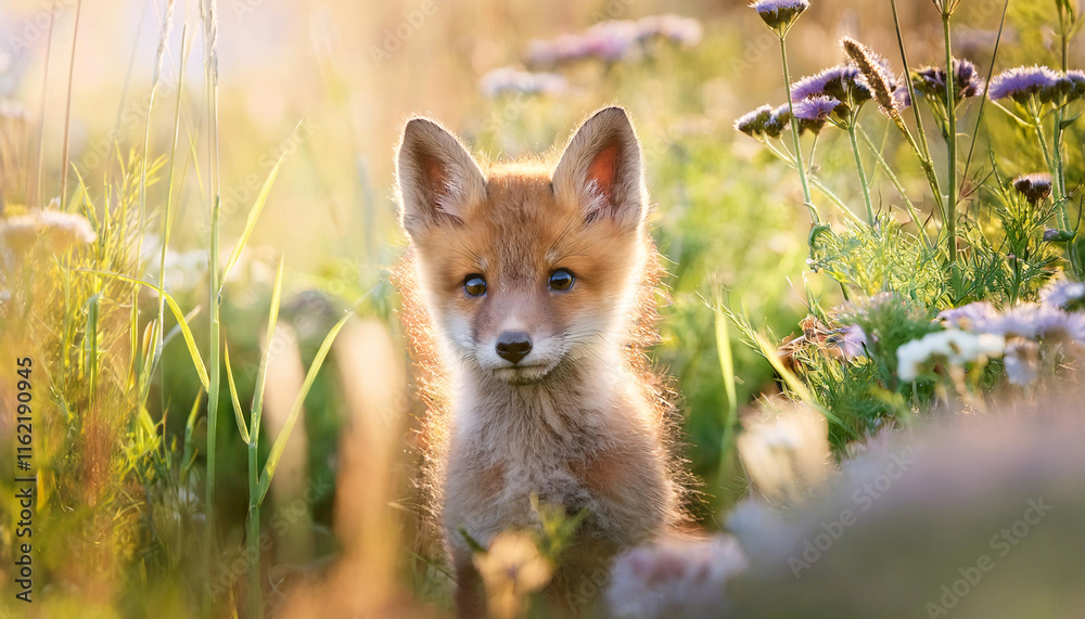 Obraz premium A curious red fox cub peeks out from tall grass, surrounded by vibrant wildflowers, capturing the essence of spring's cheerful awakening in a serene and colorful landscape