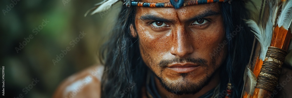 Ancient warrior in traditional clothing using a composite bow with decorative fletchings in a forest setting Ancient warrior in traditional clothing using a composite bow with decorative fletchings in a forest setting