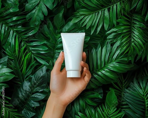 Promotional image of a white blank tube of body lotion in a woman s hand, set against a vibrant green plant background, symbolizing freshness and natural beauty photo