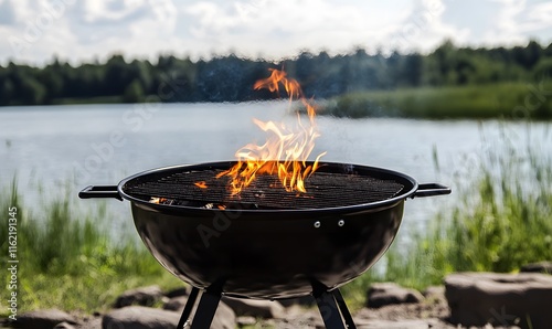 Black grill with fire on lake background, Generative AI  photo