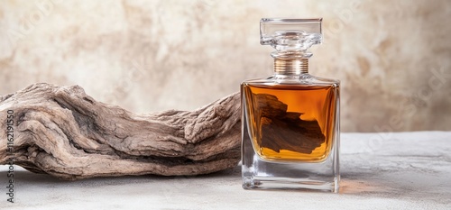 A glass perfume bottle beside a piece of driftwood on a textured surface. photo