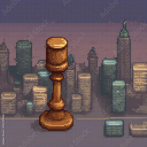 Pixel art of a gavel against a bustling city skyline.