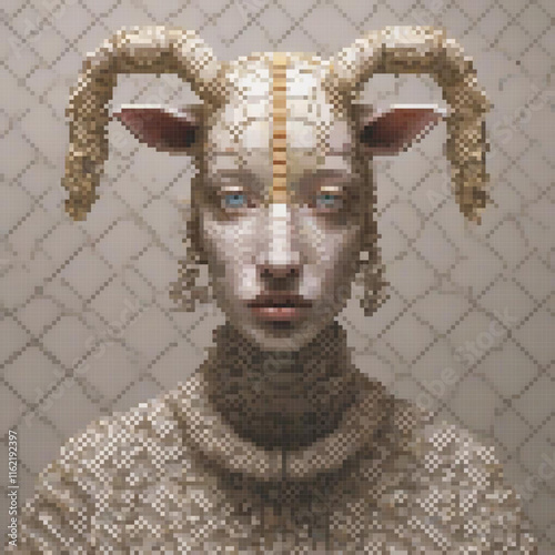 Pixel art of a goat sculpture with horns
