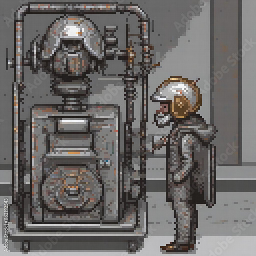 Astro-adventurer in space gear beside futuristic machinery