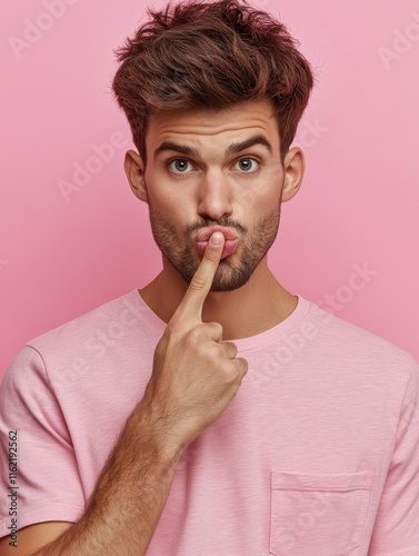 Shh, make silence and be quiet please! Surprised attractive young male with bristle, keeps fore finger on lips, shows hush or conspiracy sign, wears casual t shirt, isolated over pink background