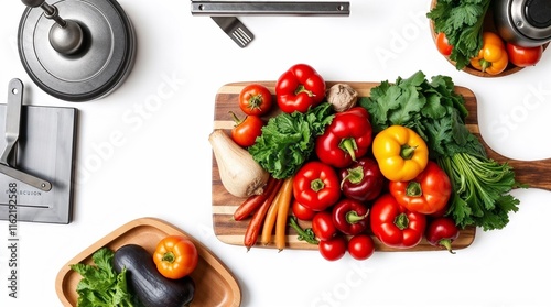 Top-Down View: Fresh Vegetables on Wooden Board in a Modern Kitchen with Ornamental Tattoo Art Style photo