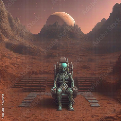 Pixel art depicting a man seated on a chair amidst a vast desert landscape.