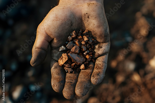 Minera??s hand holding raw iron ore, symbolizing resource extraction
