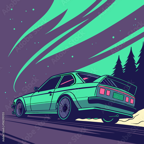 Dynamic vector art of a car racing under a sky illuminated by stunning aurora borealis. Perfect for automotive enthusiasts and nature-inspired designs.
