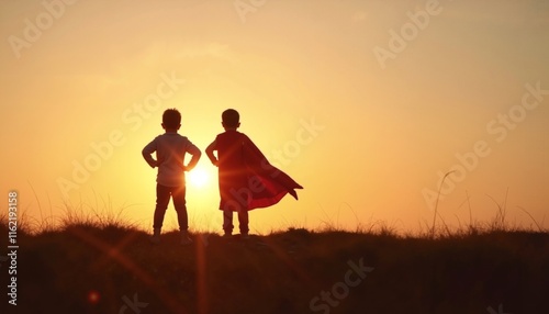 Two children in superhero capes at sunset, symbolizing imagination and friendship