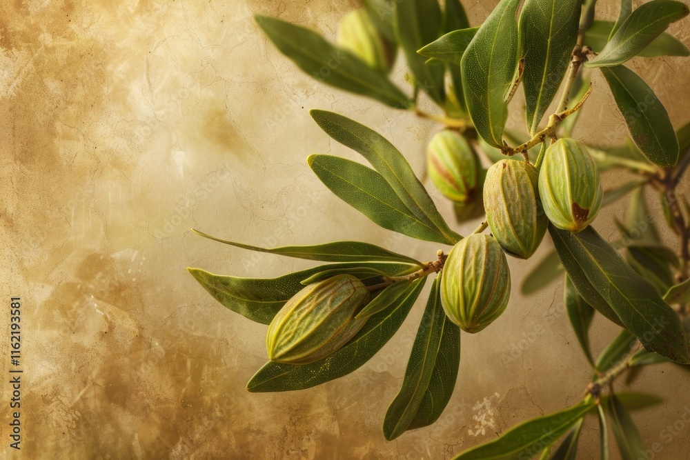 Jojoba. Ayurveda. Jojoba Plant Branch with Green Pods and Leaves on Rustic Background Jojoba. Ayurveda. Jojoba Plant Branch with Green Pods and Leaves on Rustic Background