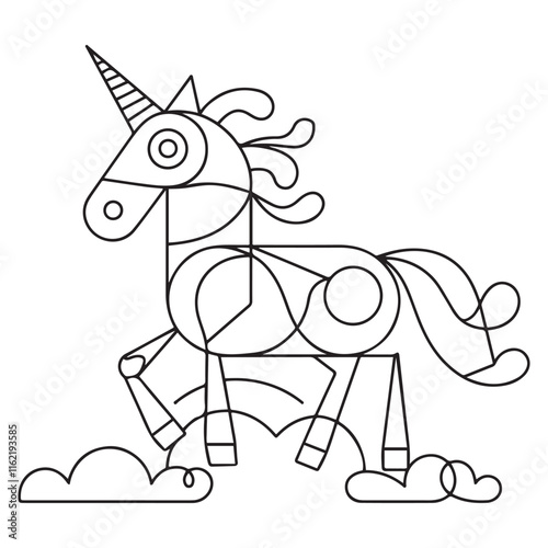 Illustration of a cute kawaii unicorn coloring page. Black and white outline vector cartoon character colouring book