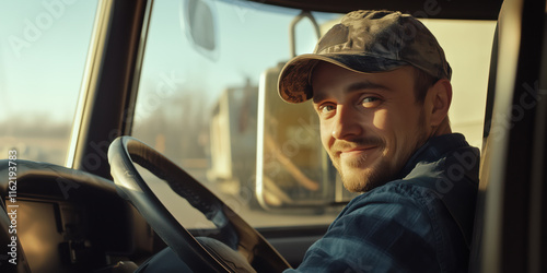 Man driving a semi-trailer truck with a beard and cap on, truck driver sitting in cab and looking at camera