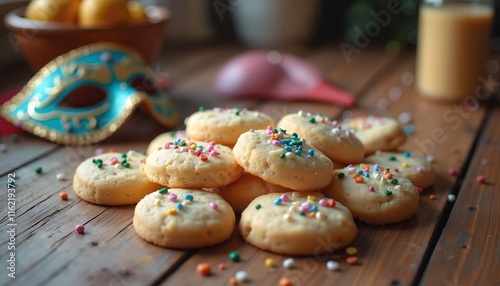 Festive Purim Cookies on Wooden Table with Colorful Mask, Celebrating Jewish Holiday photo