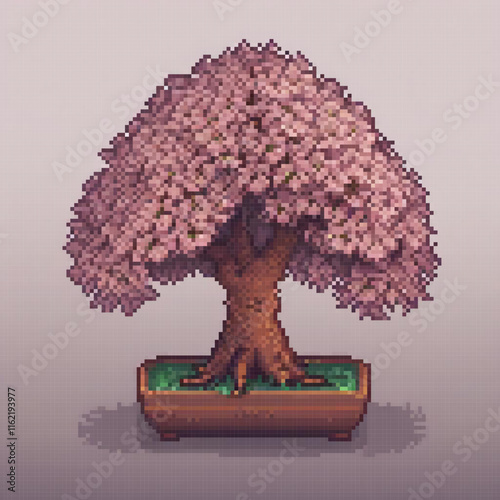 Pixel art bonsai on gray background