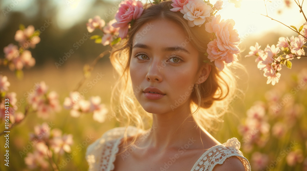 Fototapeta premium Woman in spring dress surrounded by flowers, sunlight falling on her face