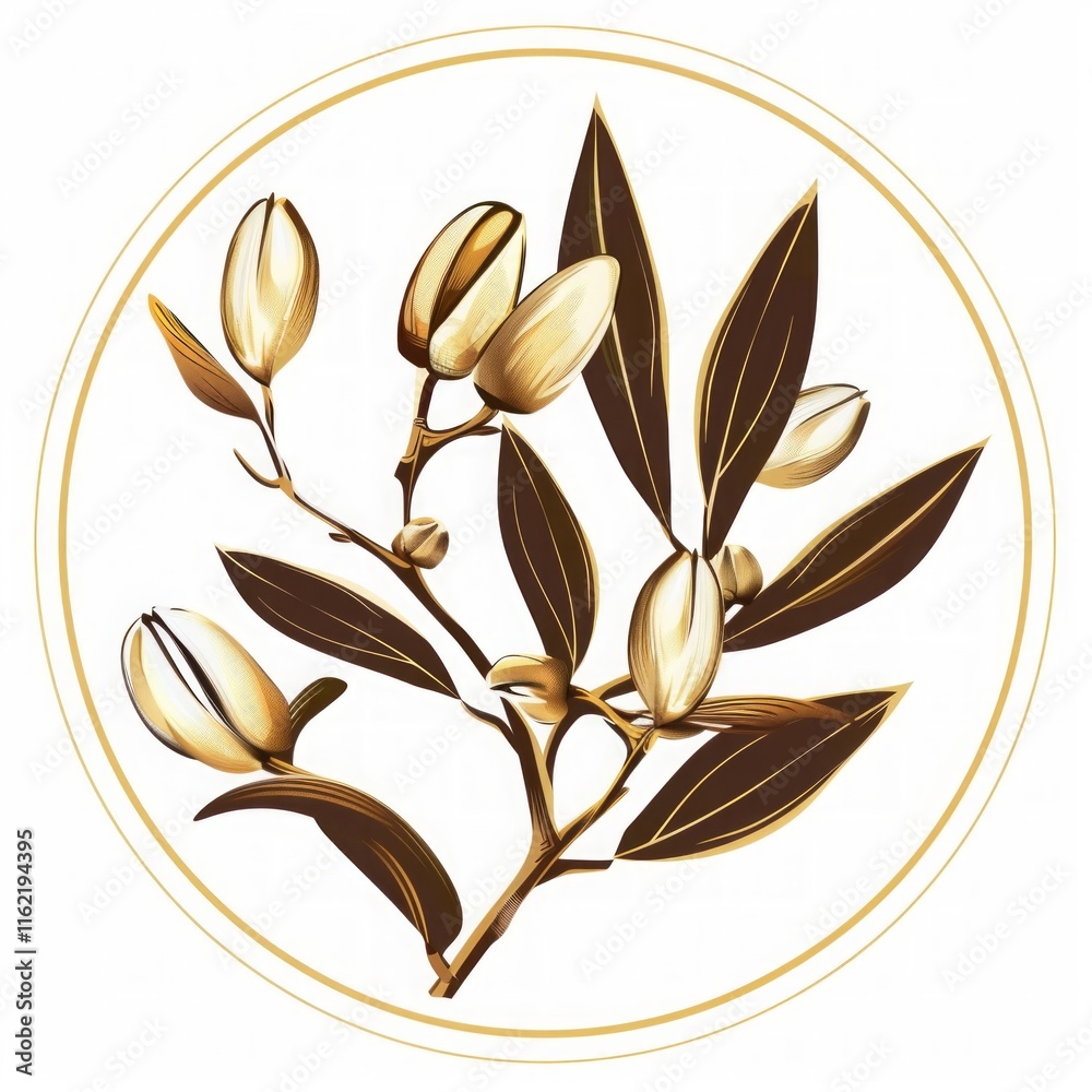 Jojoba. Ayurveda. Elegant golden and brown illustration of a jojoba branch with seed pods and leaves in a circular decorative design.