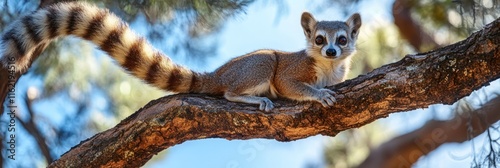 Ringtailed Lemur Perched on Tree Branch in Sunlight photo