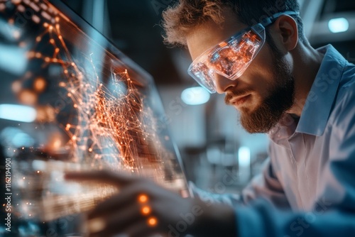 A futuristic testing center with holographic IQ puzzles and a person interacting with glowing virtual screens photo