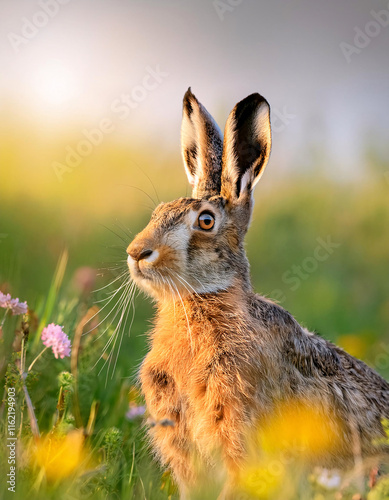 A charming hare remains vigilant in a vibrant meadow filled with colorful blooms. The golden morning light enhances its soft fur as it enjoys the serenity of spring