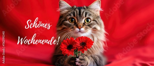 Niedliche Katze mit roten Blumen wünscht schönes Wochenende photo