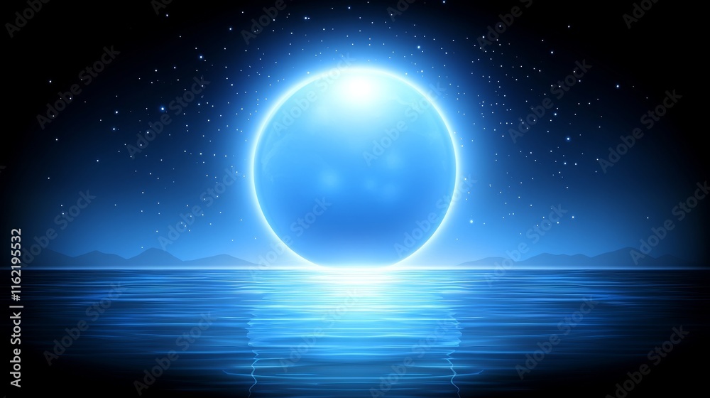 Fototapeta premium Serene Night Full Blue Moon Over Calm Ocean