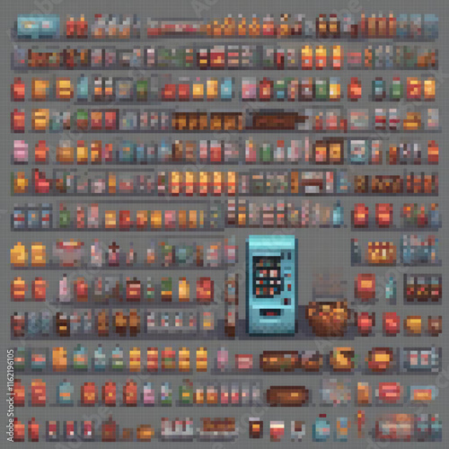 Pixel art showcasing a variety of delicious foods on a simple gray backdrop.